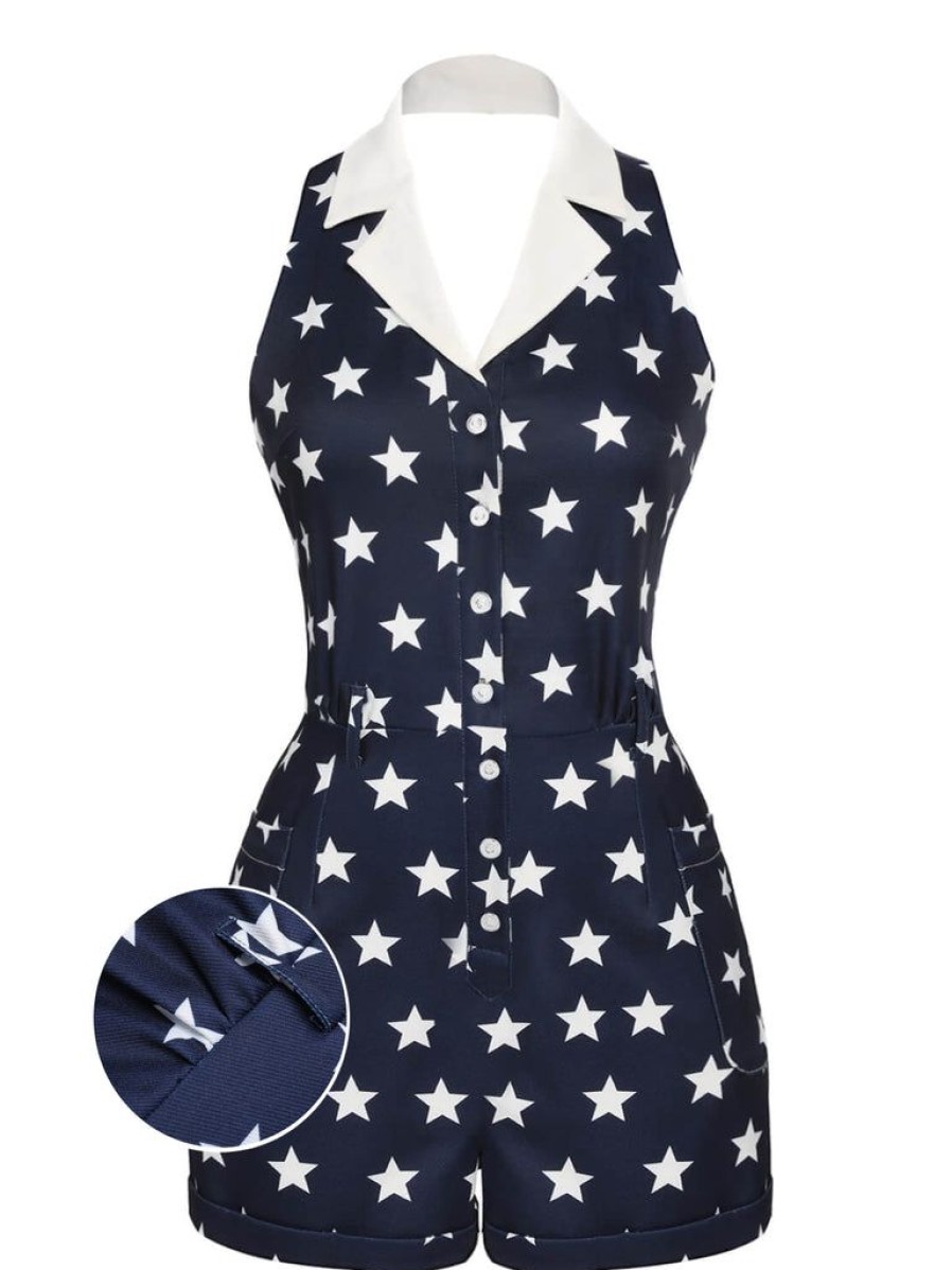 Clothing Retro Stage | 1950S Stars Lapel Vintage Romper Navy Blue