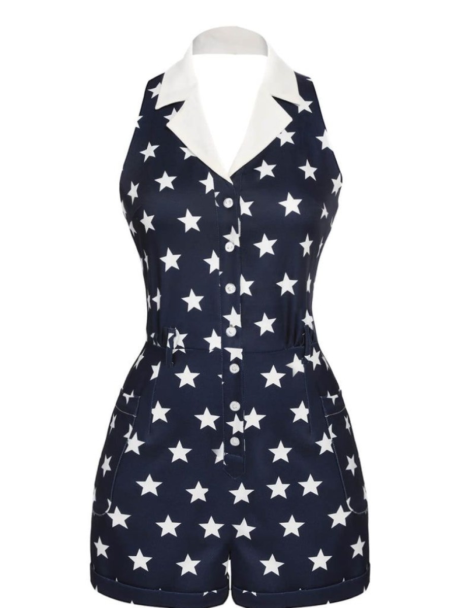 Clothing Retro Stage | 1950S Stars Lapel Vintage Romper Navy Blue