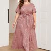 Clothing Retro Stage | [Plus Size] Lotus Pink 1930S Bronzing Polka Dot Waist Dress Dark Pink