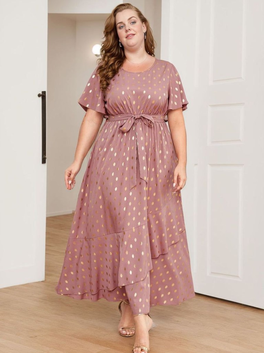 Clothing Retro Stage | [Plus Size] Lotus Pink 1930S Bronzing Polka Dot Waist Dress Dark Pink