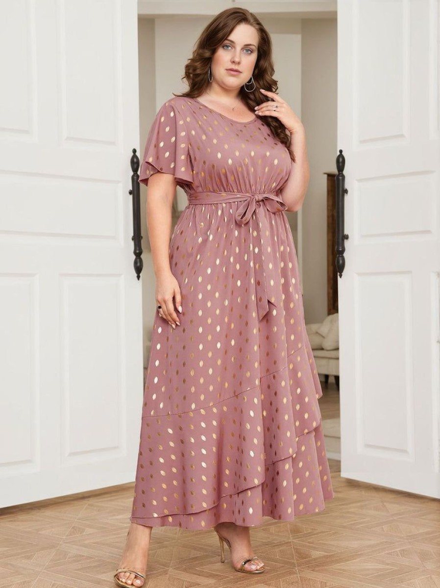 Clothing Retro Stage | [Plus Size] Lotus Pink 1930S Bronzing Polka Dot Waist Dress Dark Pink