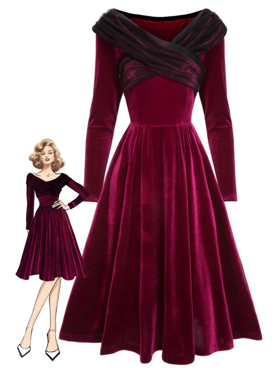 Clothing Retro Stage | [Pre-Sale] 1950S Velvet Solid Dress Wine Red