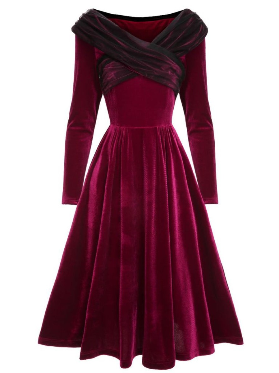 Clothing Retro Stage | [Pre-Sale] 1950S Velvet Solid Dress Wine Red