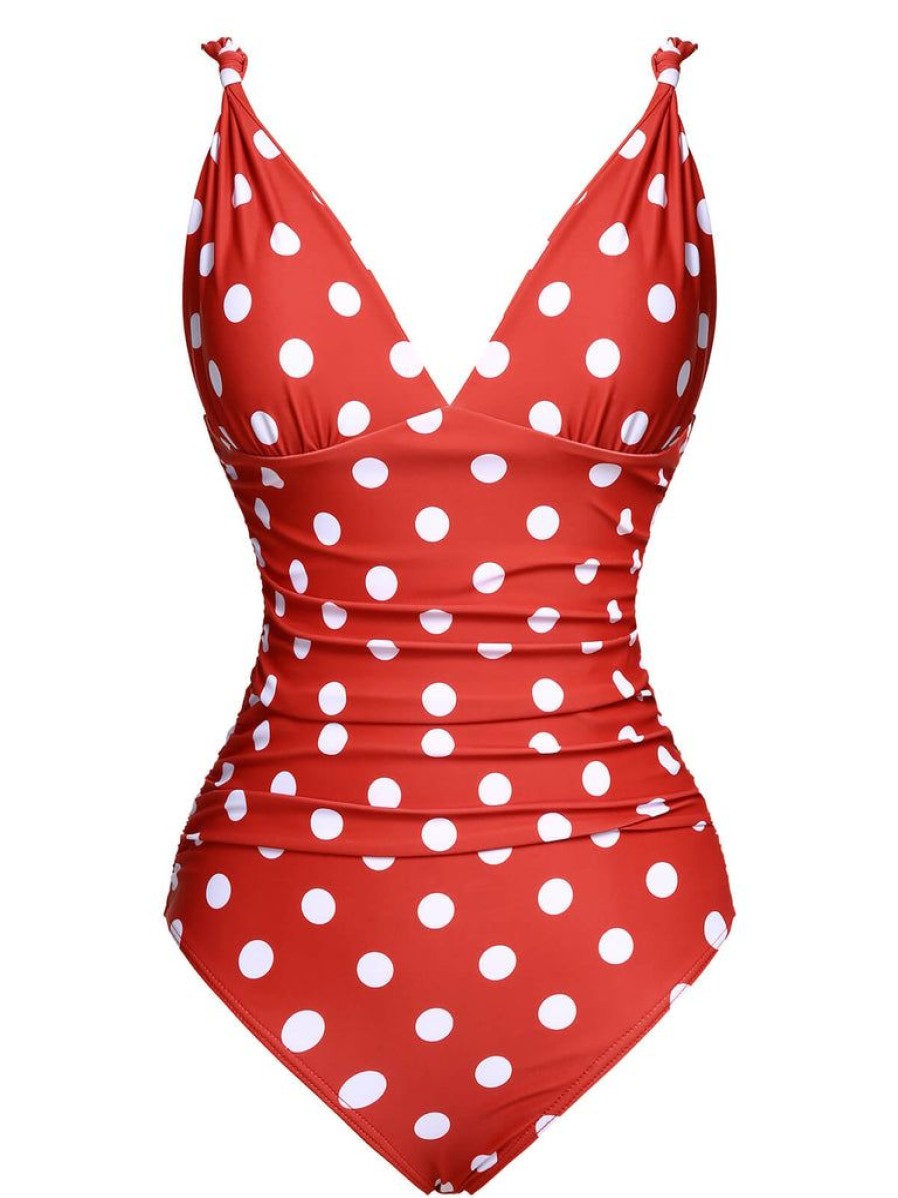 Clothing Retro Stage | 1930S Polka Dot V-Neck Swimsuit Red