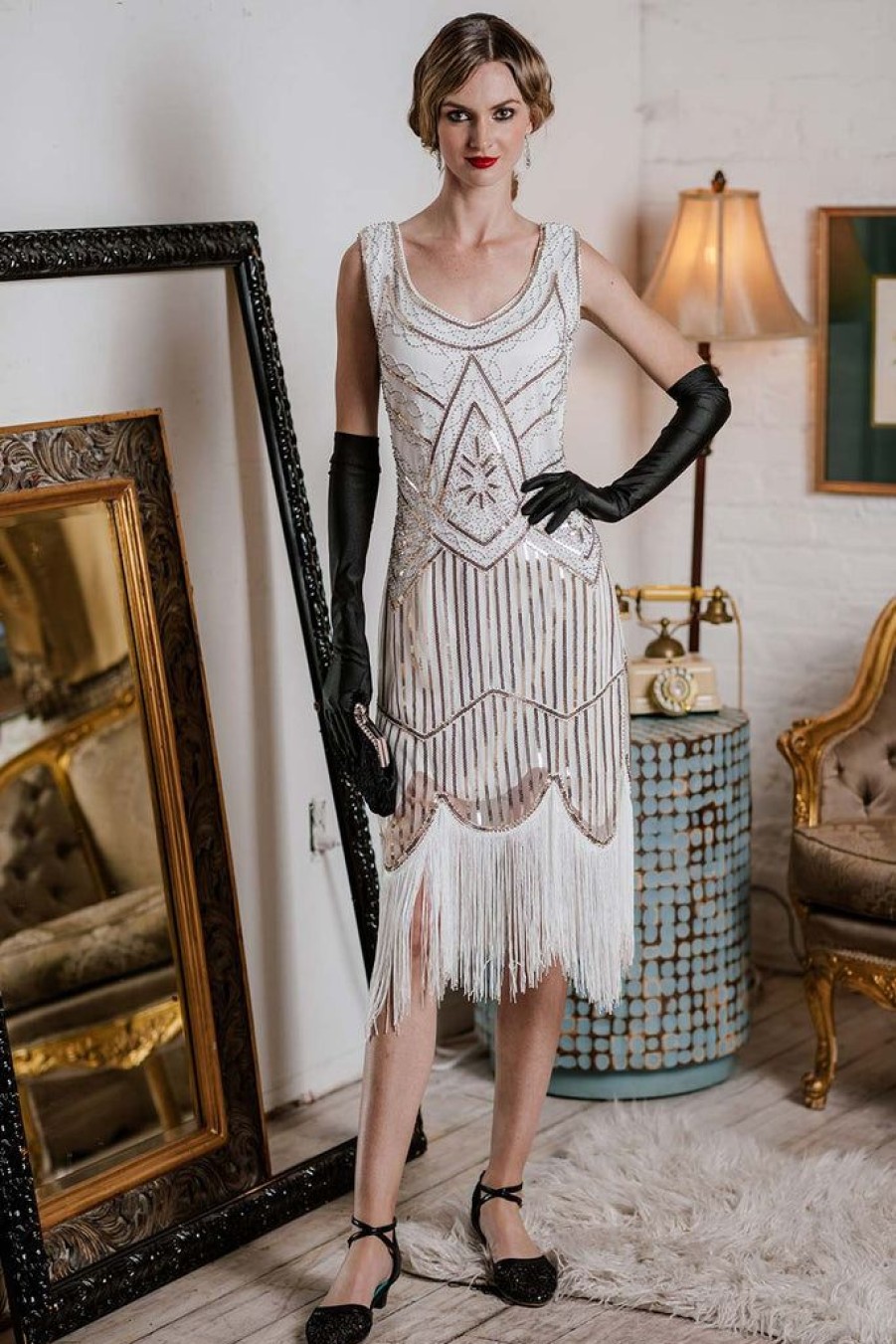 Clothing Retro Stage | White 1920S Fringed Flapper Dress