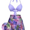 Clothing Retro Stage | 1940S Flowers Lace-Up Halter Swimsuit Purple