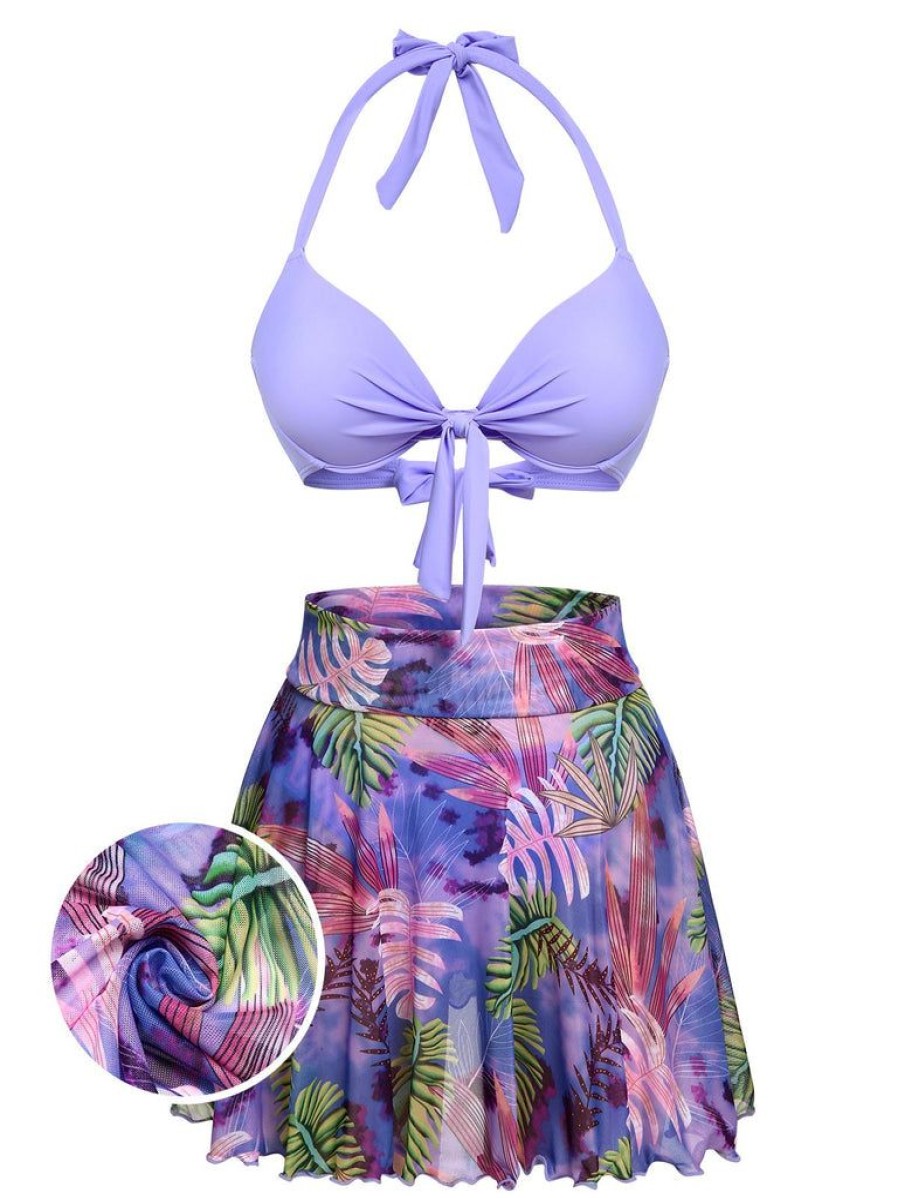 Clothing Retro Stage | 1940S Flowers Lace-Up Halter Swimsuit Purple