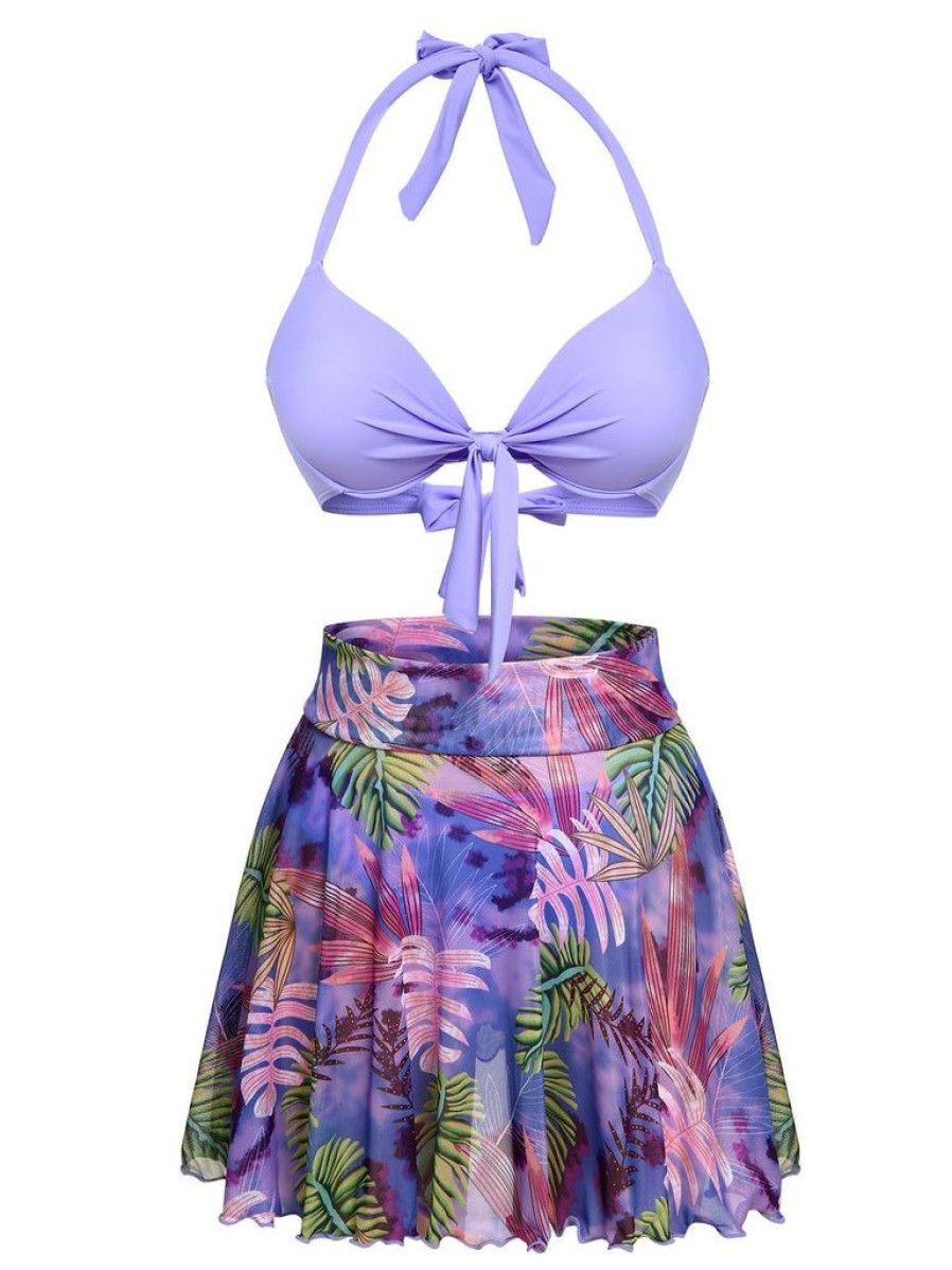 Clothing Retro Stage | 1940S Flowers Lace-Up Halter Swimsuit Purple