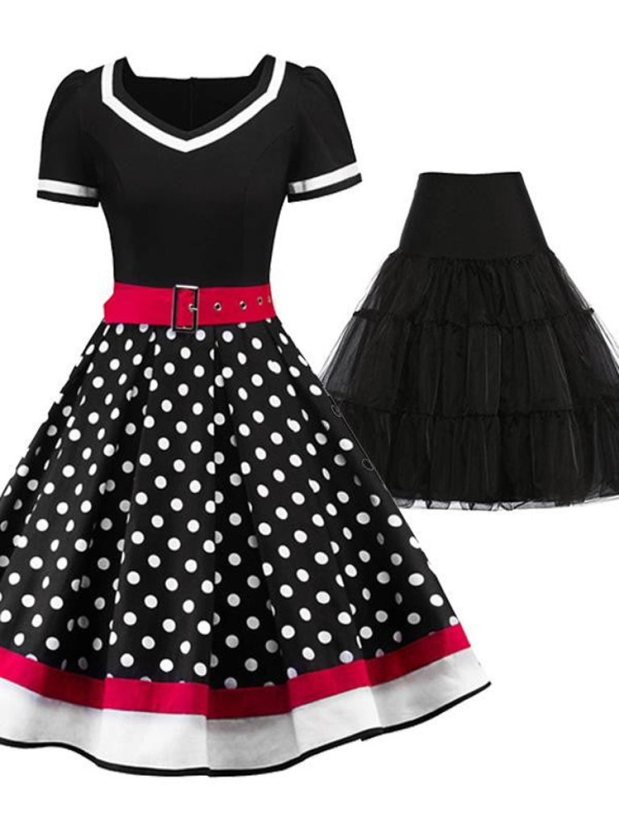 Clothing Retro Stage | 2Pcs Polka Dot 1950S Dress & Black Petticoat