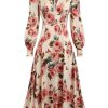 Clothing Retro Stage | 1940S Rose V-Neck Long Sleeves Dress Pink