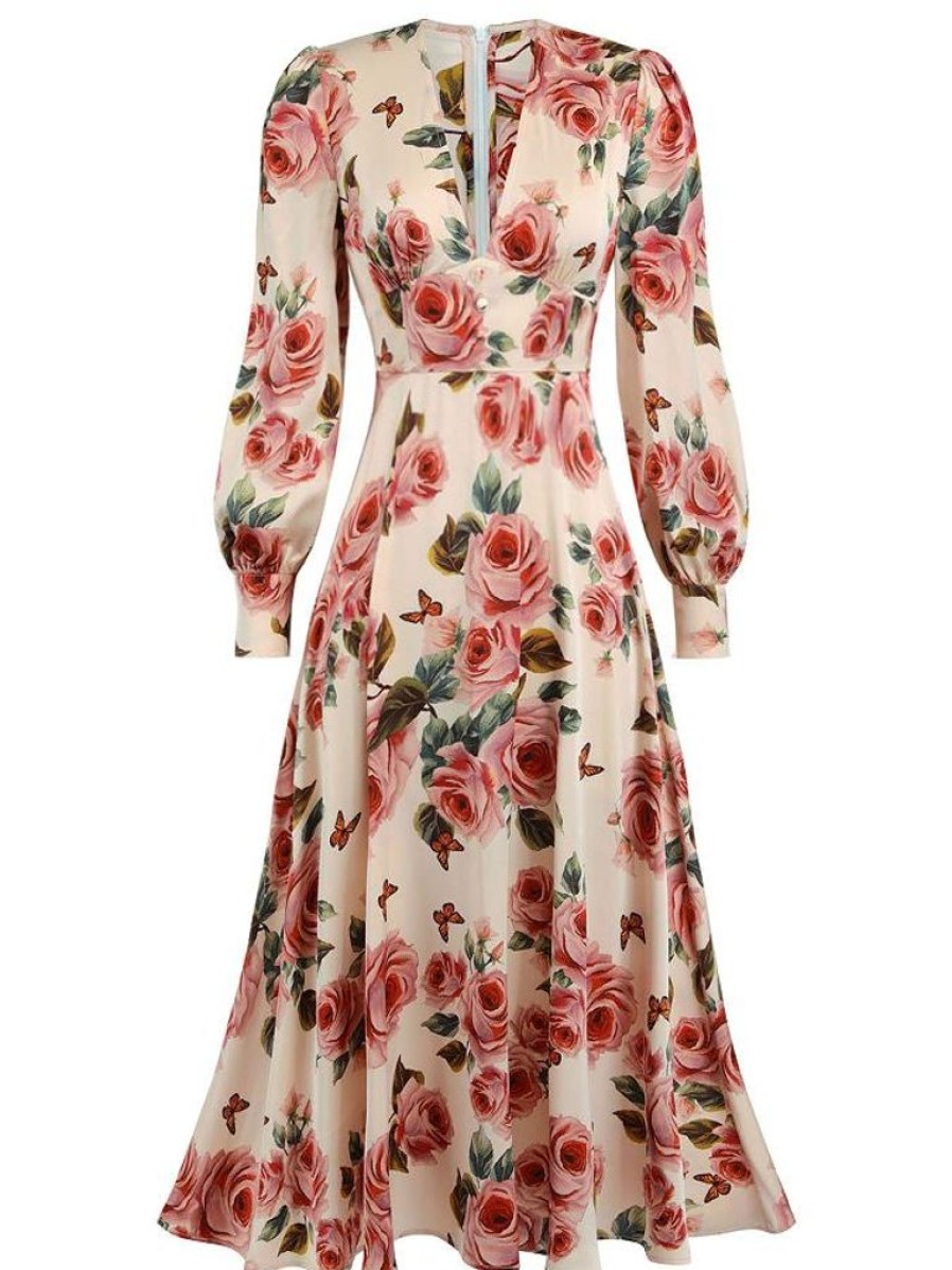 Clothing Retro Stage | 1940S Rose V-Neck Long Sleeves Dress Pink