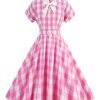 Clothing Retro Stage | 1950S Plaid Bow Lapel Swing Dress