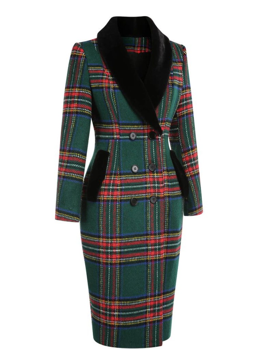 Clothing Retro Stage | 1960S Plaid Fur Collar Pencil Coat Green