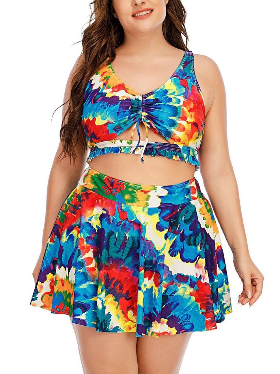 Clothing Retro Stage | Plus Size 1940S Floral Skirted Bikini Set Blue