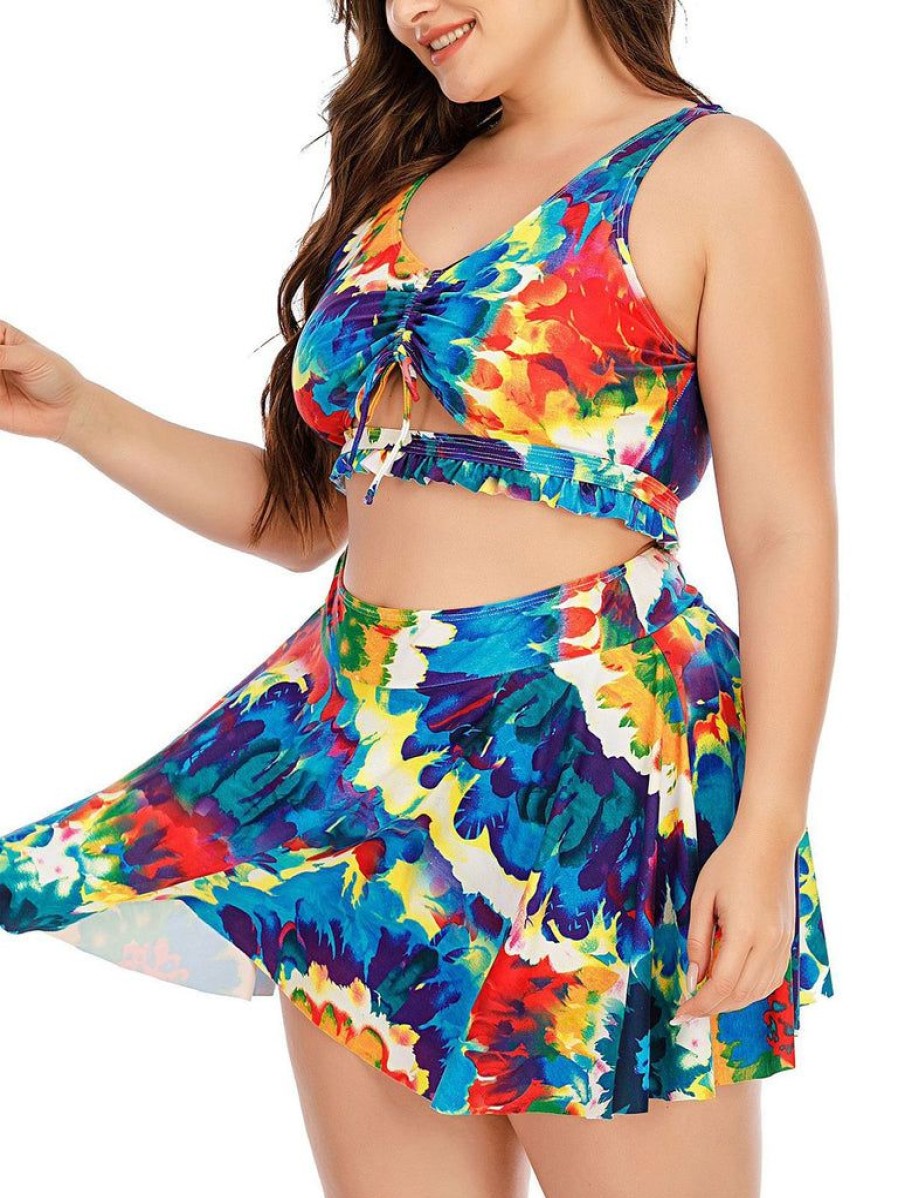 Clothing Retro Stage | Plus Size 1940S Floral Skirted Bikini Set Blue