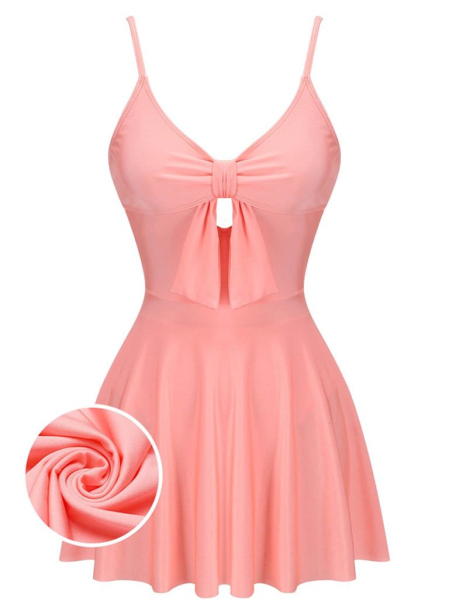 Clothing Retro Stage | 1940S Bow Halter One-Piece Swimsuit Pink