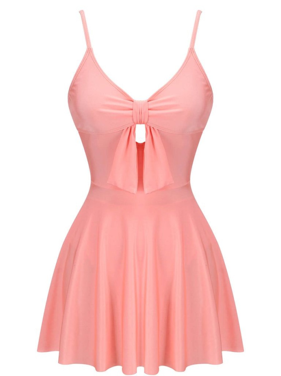 Clothing Retro Stage | 1940S Bow Halter One-Piece Swimsuit Pink