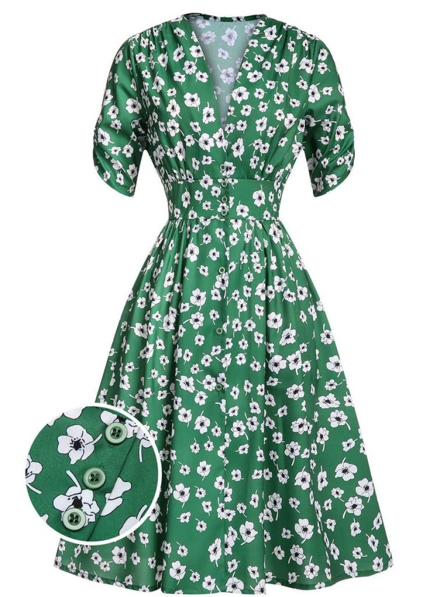 Clothing Retro Stage | 1940S V-Neck Floral Dress Green