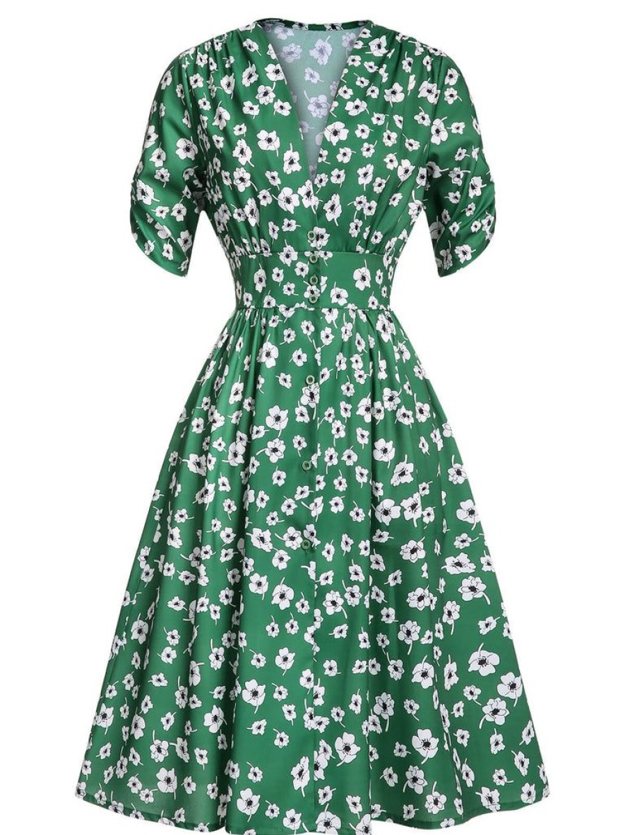 Clothing Retro Stage | 1940S V-Neck Floral Dress Green