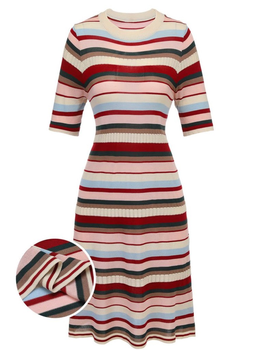 Clothing Retro Stage | 1960S Multicolor Stripes Knitted Dress