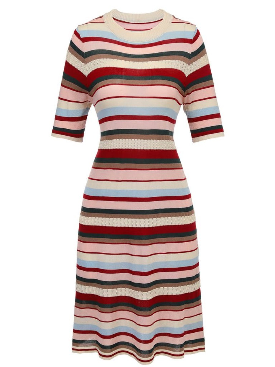 Clothing Retro Stage | 1960S Multicolor Stripes Knitted Dress