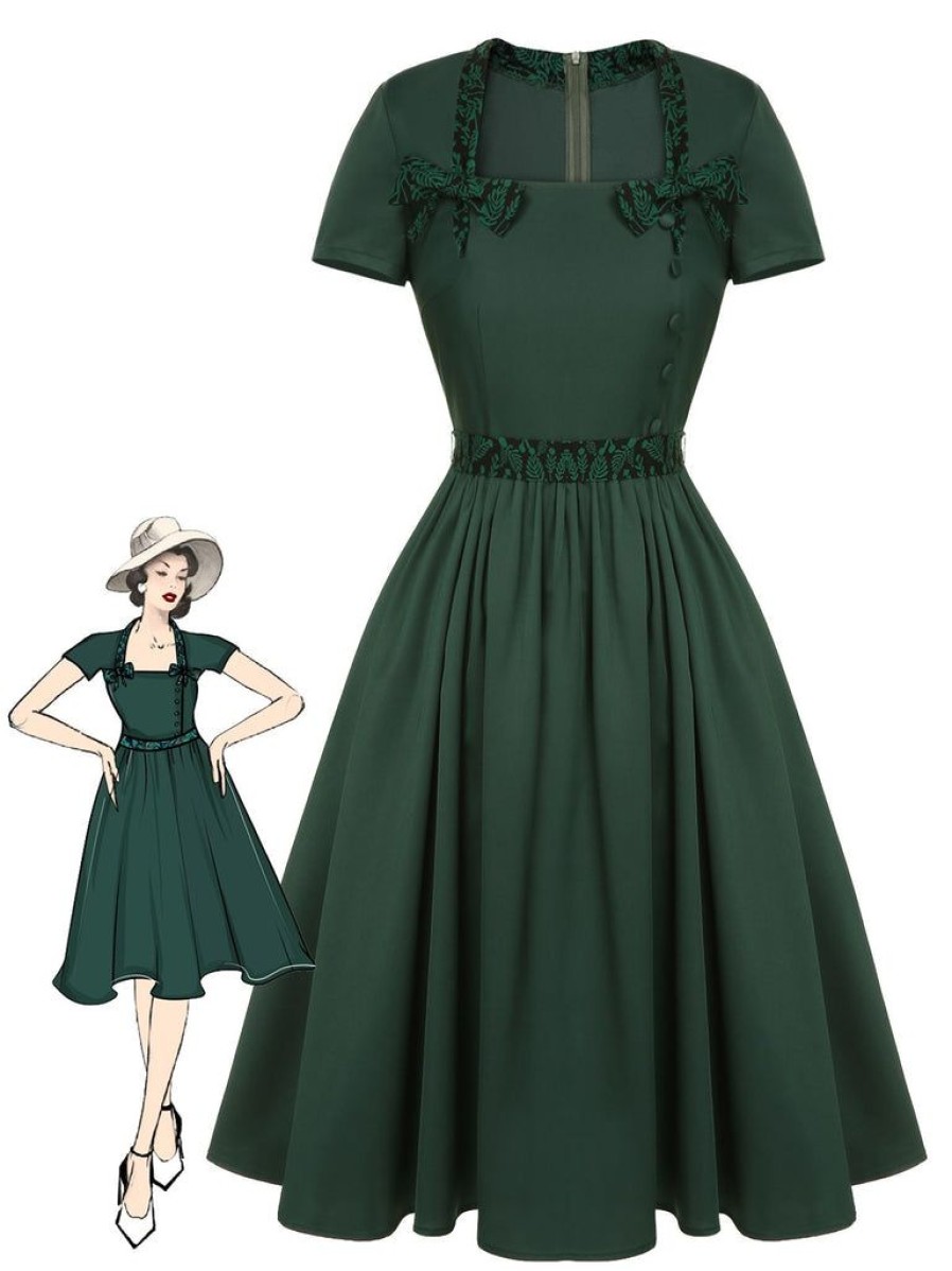 Clothing Retro Stage | [Pre-Sale] 1950S Solid Bow Square Collar Dress Green