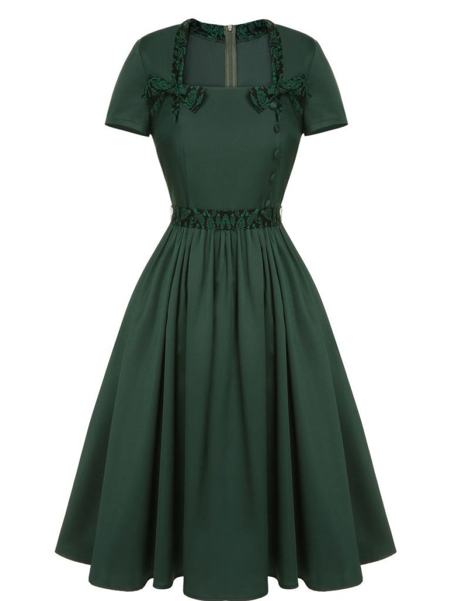 Clothing Retro Stage | [Pre-Sale] 1950S Solid Bow Square Collar Dress Green