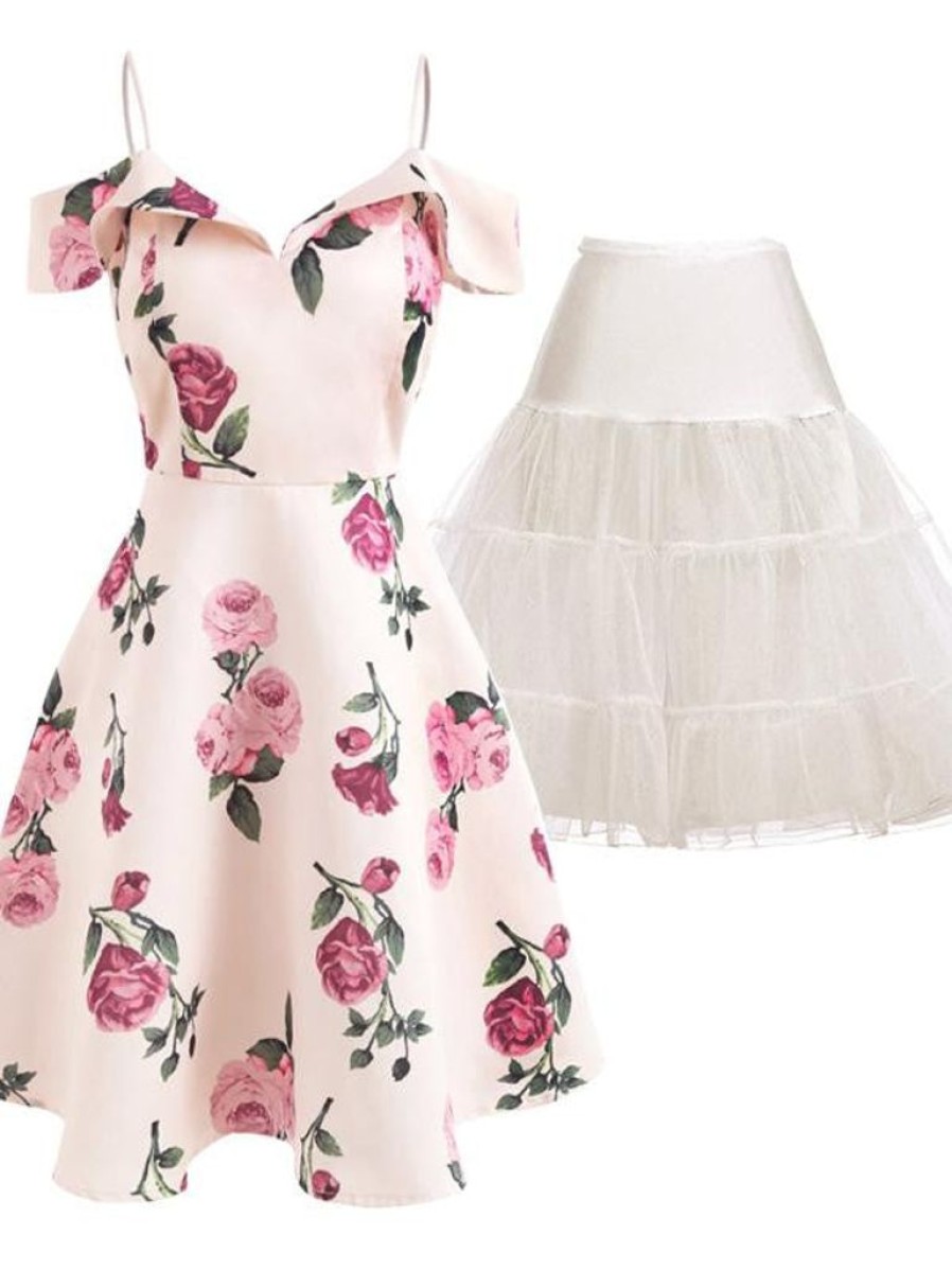 Clothing Retro Stage | 2Pcs Floral 1950S Dress & White Petticoat