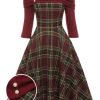 Clothing Retro Stage | 1950S Plaids Off-Shoulder Dress Wine Red