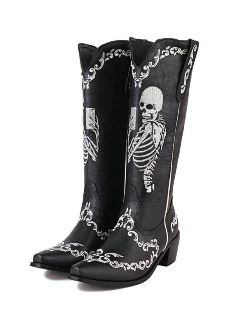 Shoes Retro Stage | Skeleton Embroidery Pointed Chunky Heels Boots