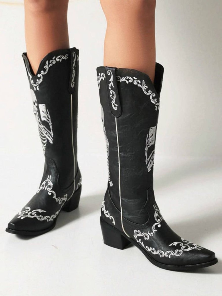 Shoes Retro Stage | Skeleton Embroidery Pointed Chunky Heels Boots