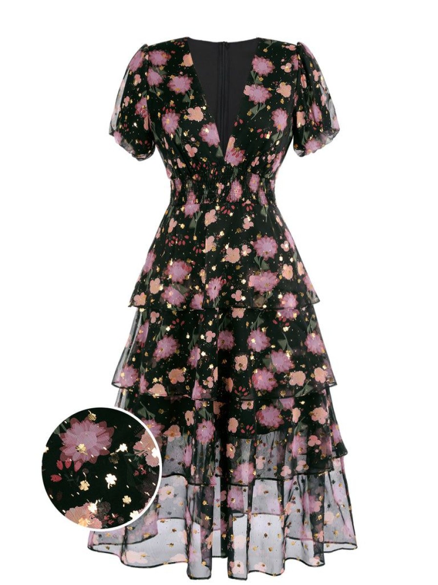 Clothing Retro Stage | 1950S Lace Flowers Swing Dress Black