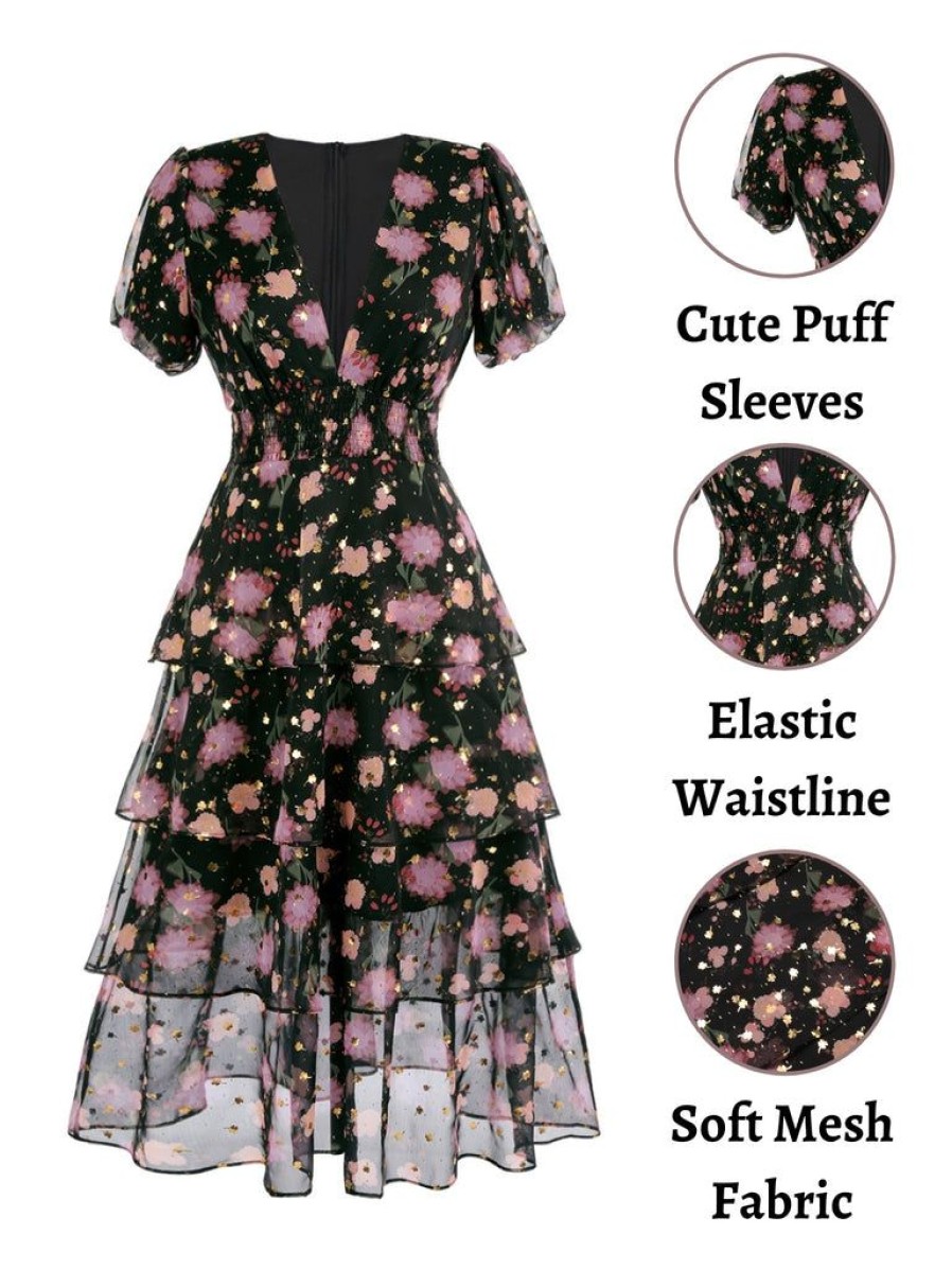 Clothing Retro Stage | 1950S Lace Flowers Swing Dress Black