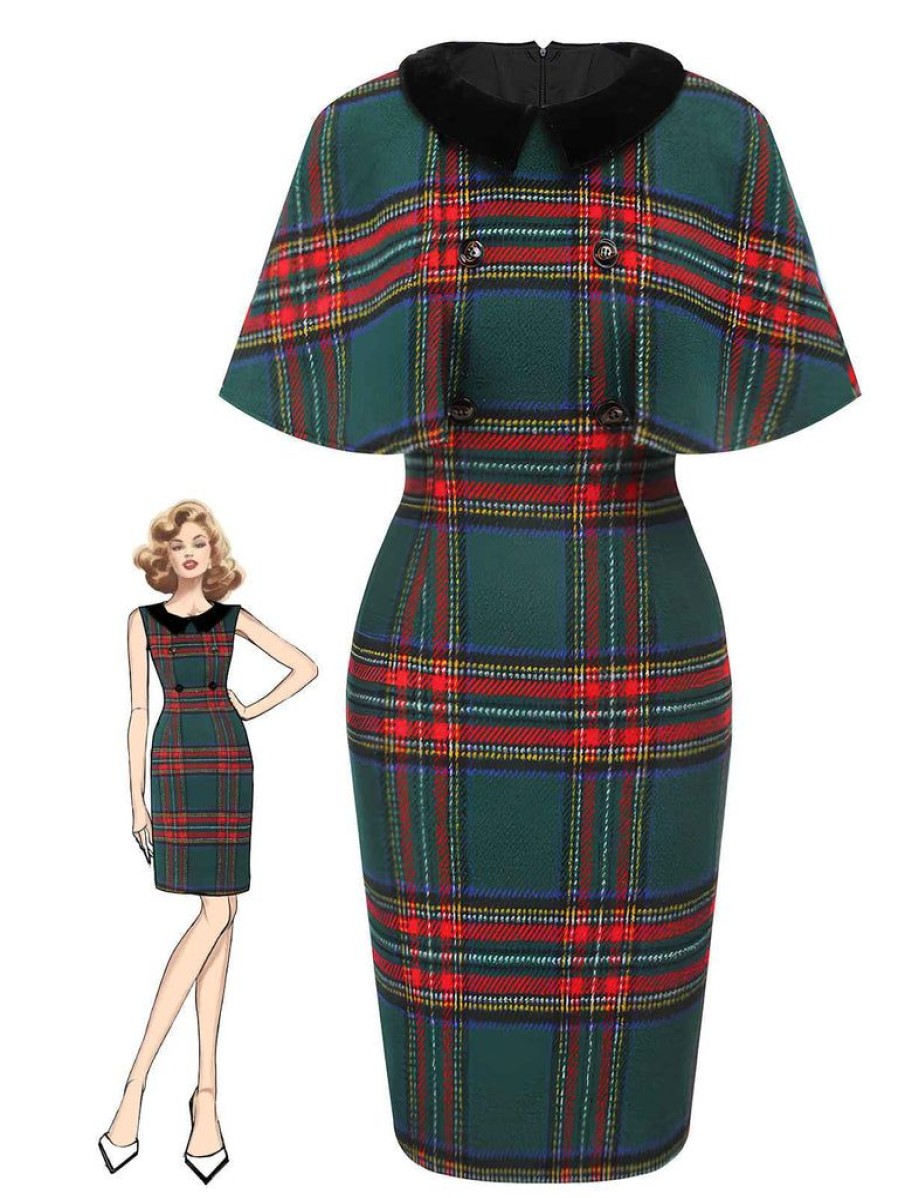 Clothing Retro Stage | [Pre-Sale] 1960S Plaid Cloak Sleeve Velvet Collar Dress Multicolor