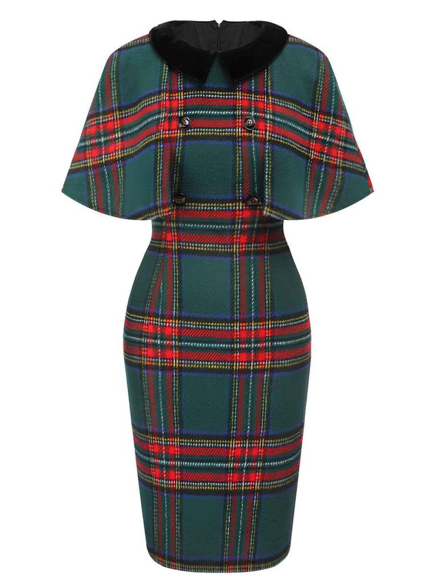 Clothing Retro Stage | [Pre-Sale] 1960S Plaid Cloak Sleeve Velvet Collar Dress Multicolor