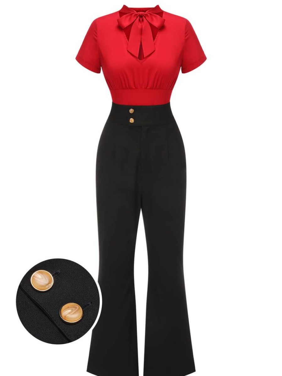 Clothing Retro Stage | [Pre-Sale] 2Pcs 1940S Red Tie-Up Blouse & Black Pants Red & Black