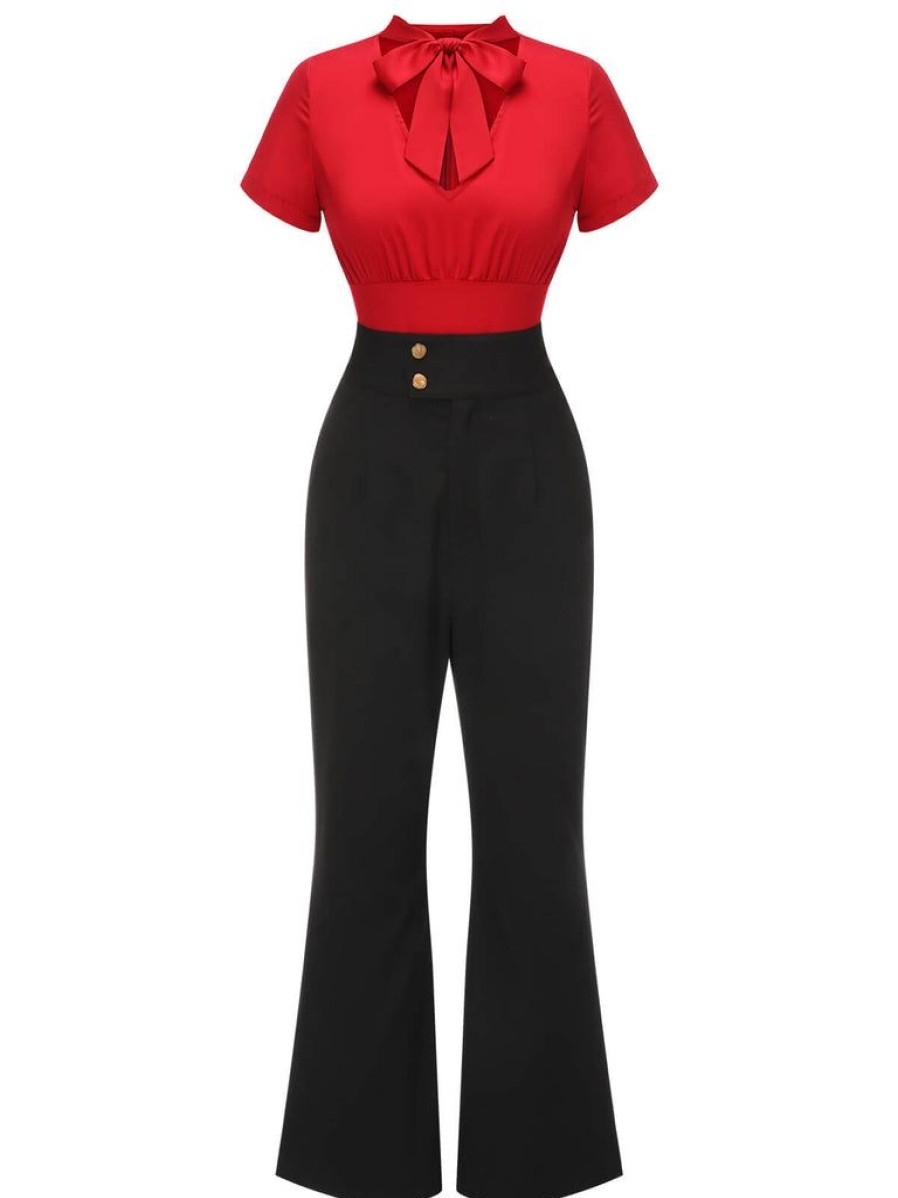 Clothing Retro Stage | [Pre-Sale] 2Pcs 1940S Red Tie-Up Blouse & Black Pants Red & Black