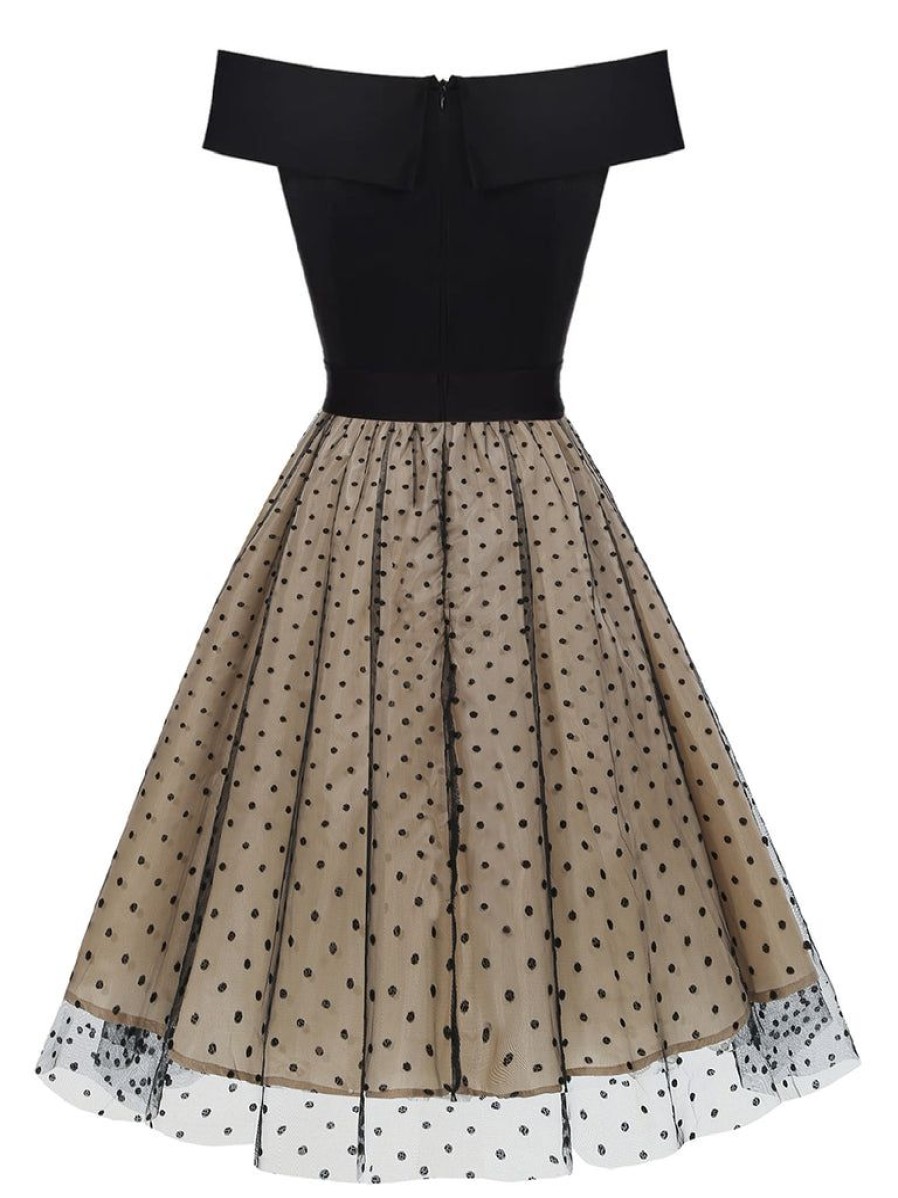 Clothing Retro Stage | 1950S Polka Dot Off-Shoulder Patchwork Dress Black