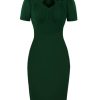 Clothing Retro Stage | Green 1960S Keyhole Stand Collar Pencil Dress Dark Green