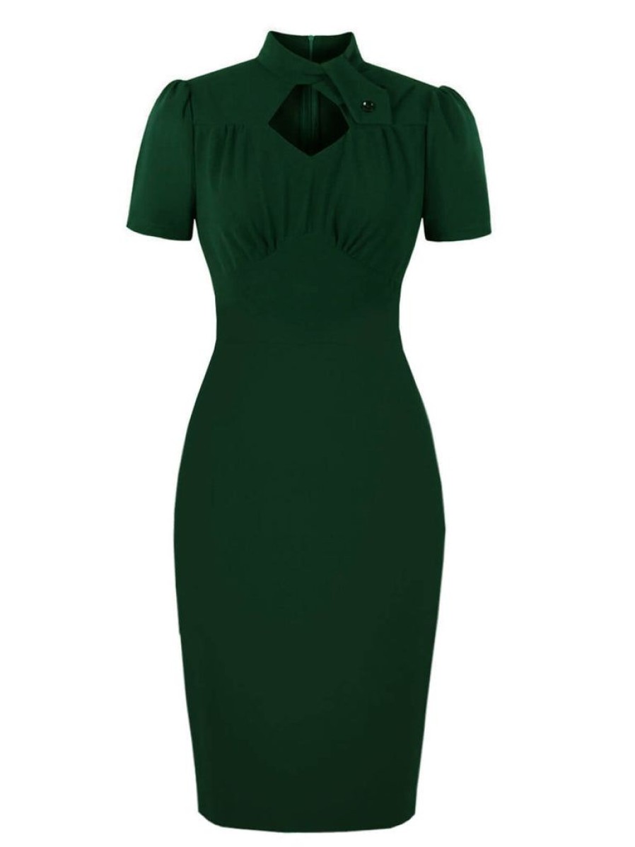 Clothing Retro Stage | Green 1960S Keyhole Stand Collar Pencil Dress Dark Green