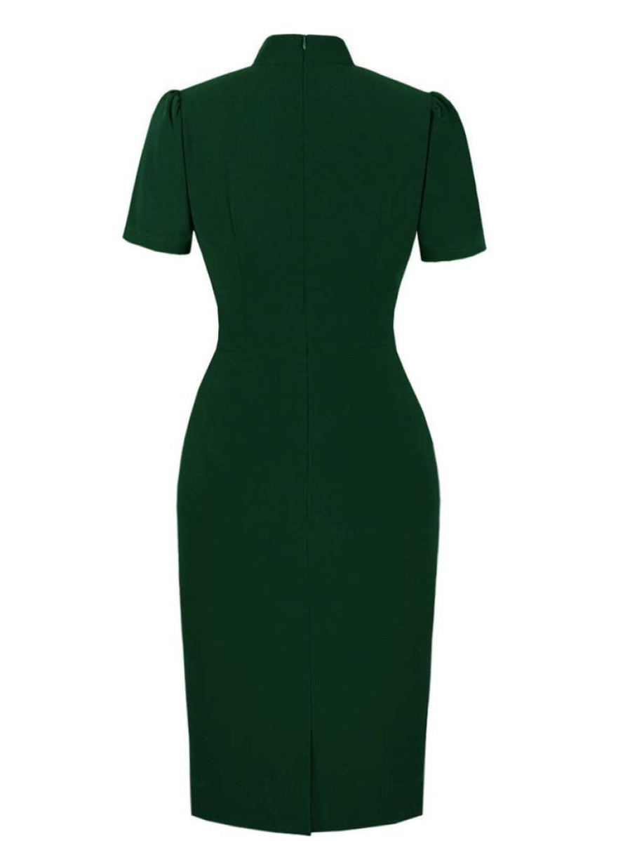 Clothing Retro Stage | Green 1960S Keyhole Stand Collar Pencil Dress Dark Green