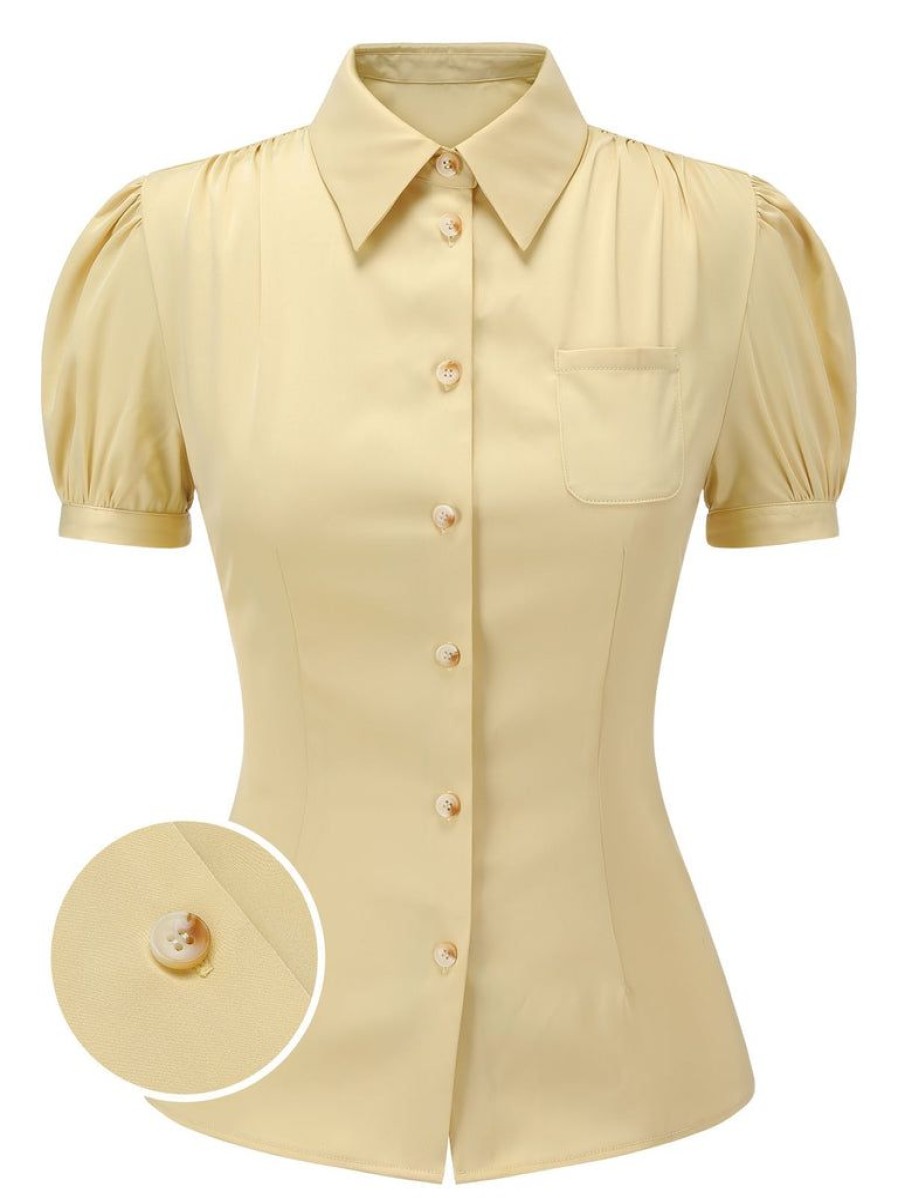 Clothing Retro Stage | 1940S Lapel Puff Sleeve Solid Blouse Yellow