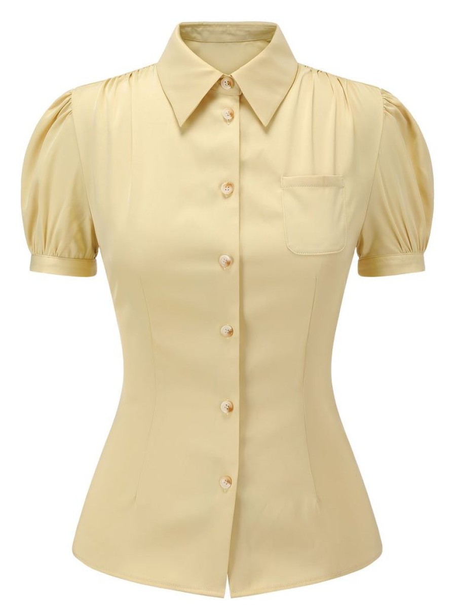 Clothing Retro Stage | 1940S Lapel Puff Sleeve Solid Blouse Yellow