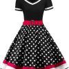 Clothing Retro Stage | 1950S Polka Dot Belted Patchwork Dress Black