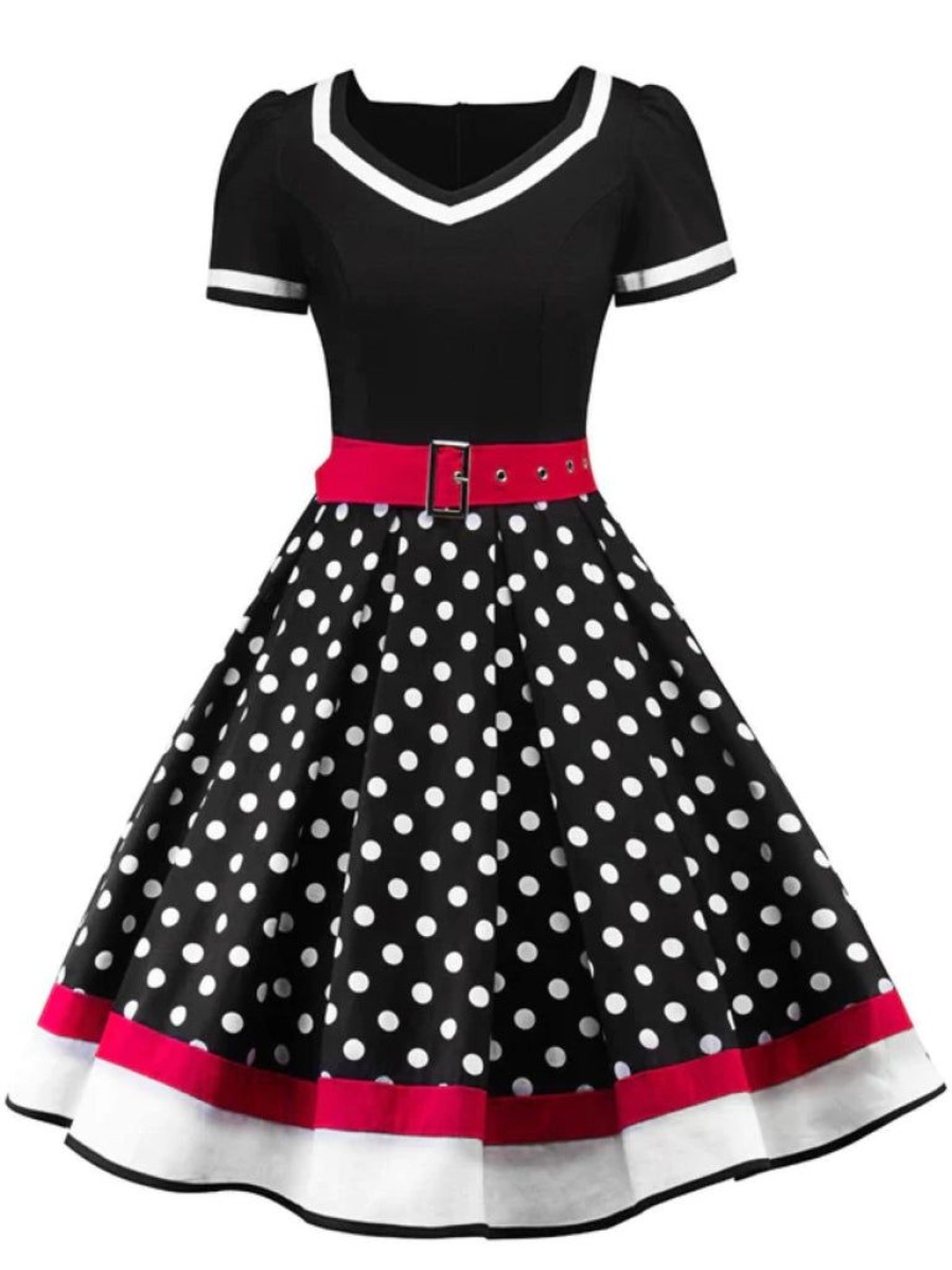 Clothing Retro Stage | 1950S Polka Dot Belted Patchwork Dress Black