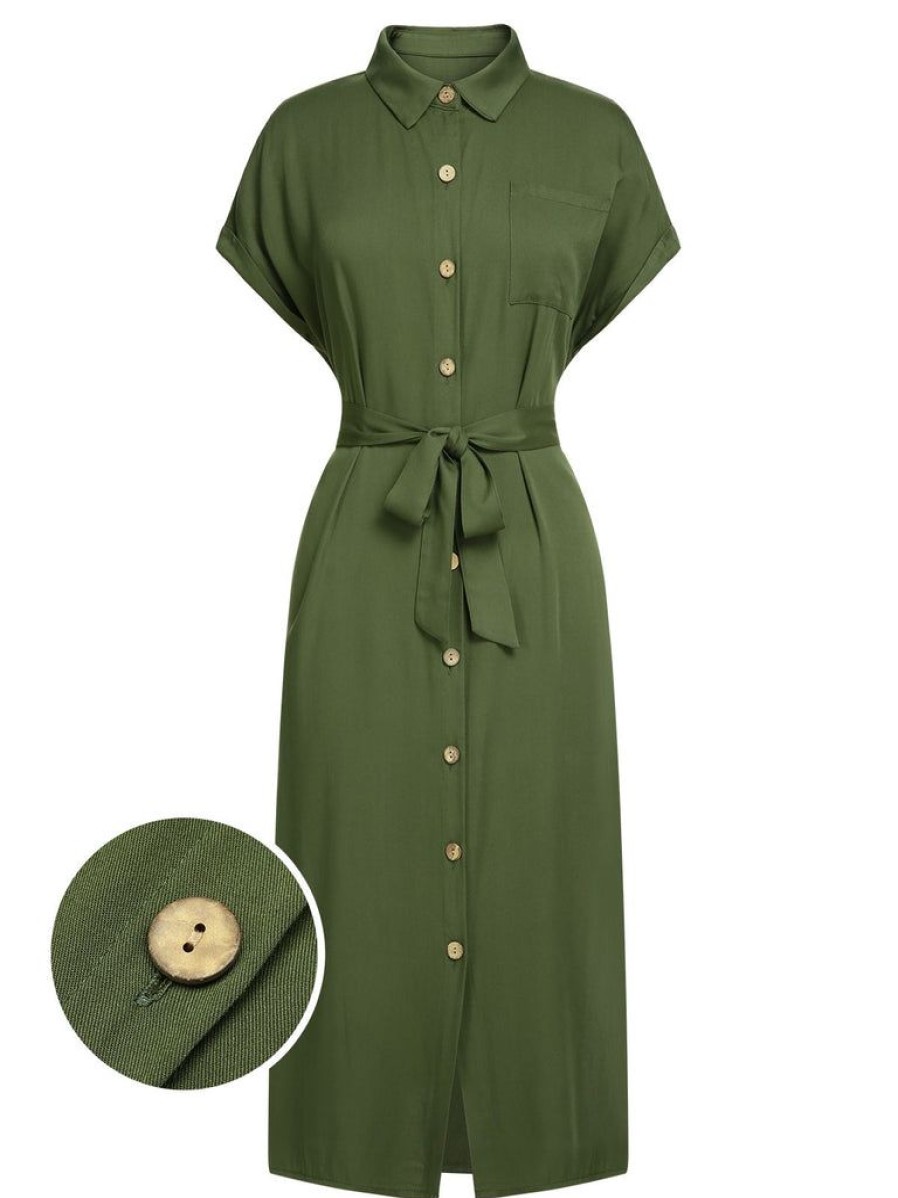 Clothing Retro Stage | 1940S Solid Belted Slit Dress Green