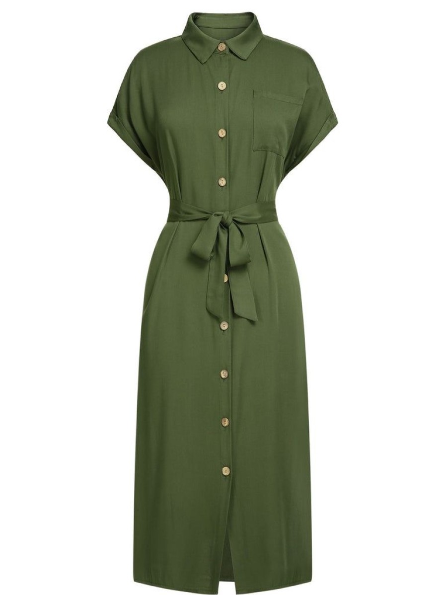 Clothing Retro Stage | 1940S Solid Belted Slit Dress Green