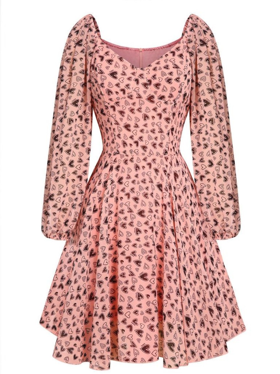 Clothing Retro Stage | 1960S Heart Long Sleeves Dress Pink