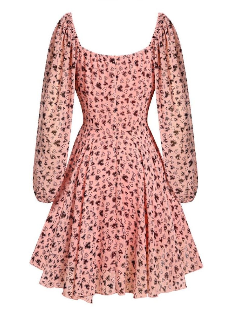 Clothing Retro Stage | 1960S Heart Long Sleeves Dress Pink