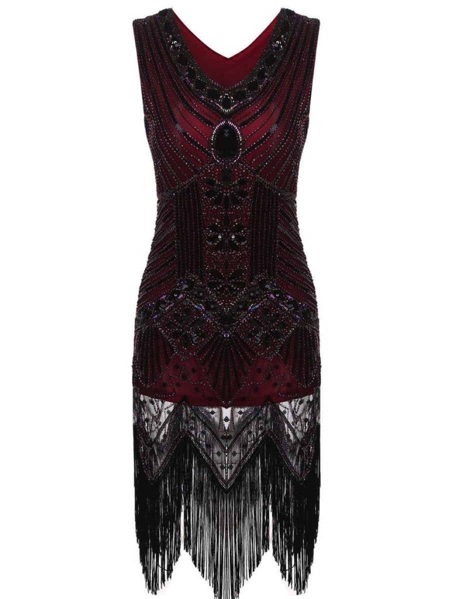 Clothing Retro Stage | [Clearance] 1920S Sequined Fringe Dress Wine Red